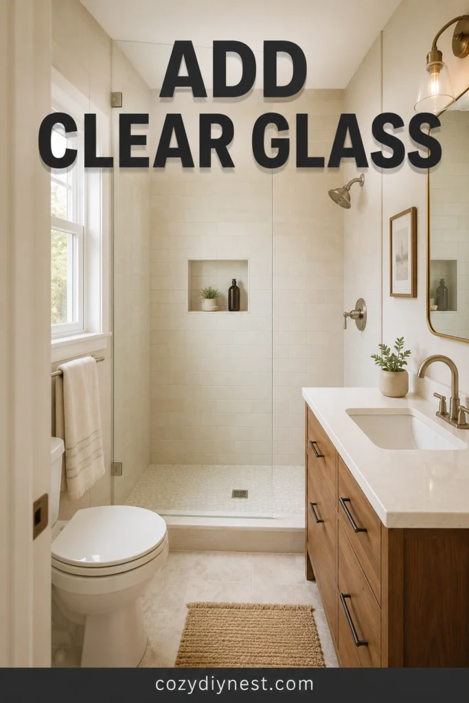 small bathroom remodel ideas with glass shower door and light tile