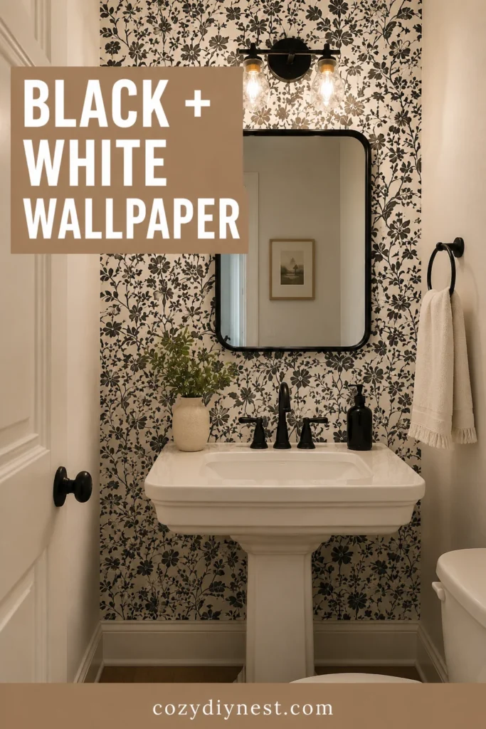 Bathroom Wallpaper Ideas: 18 Stunning Ways to Add Pattern to a Small Bathroom 8 bathroom wallpaper ideas with black and white wallpaper in a small bathroom