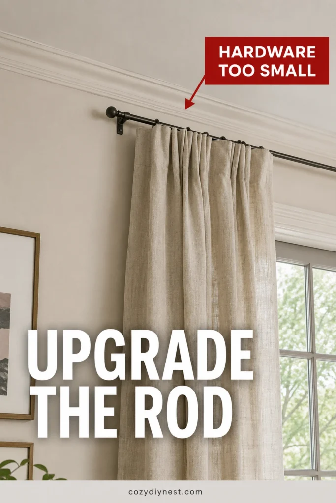 curtain hanging mistakes showing small weak curtain hardware that makes curtains look unfinished