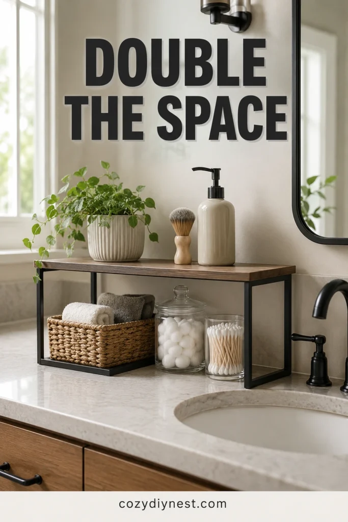 bathroom counter organization with a small countertop shelf for extra storage