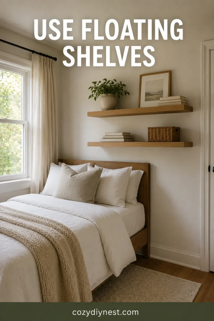 small bedroom ideas with floating shelves above the bed for vertical storage