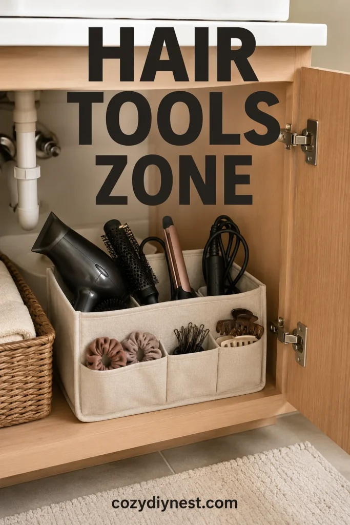 under sink bathroom organization with a contained section for hair tools and accessories