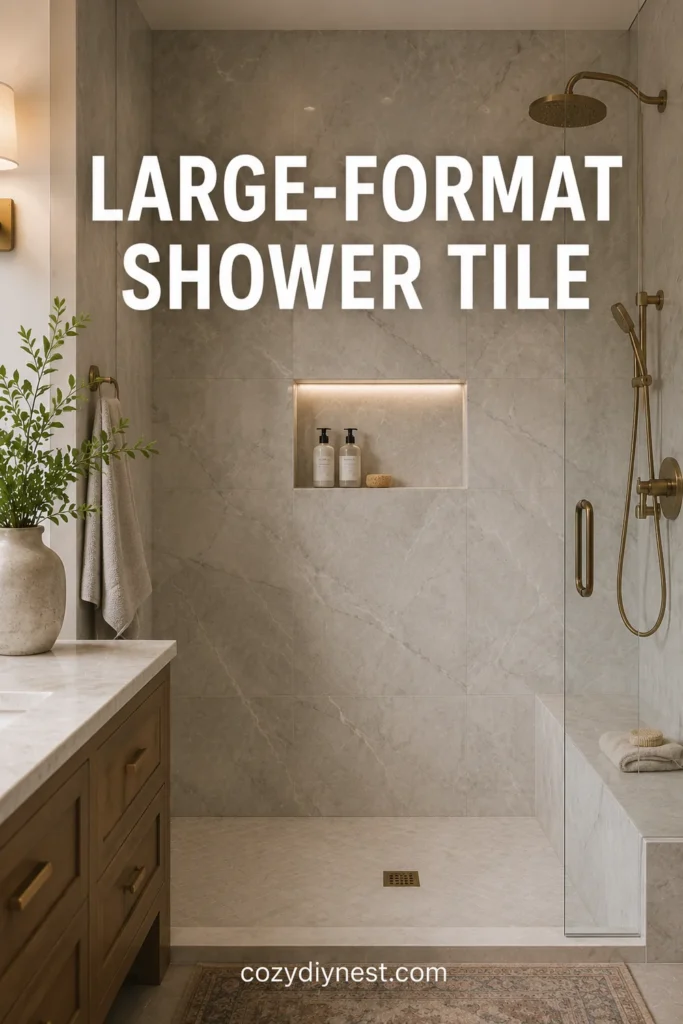 bathroom tile ideas with large format shower tile and fewer grout lines