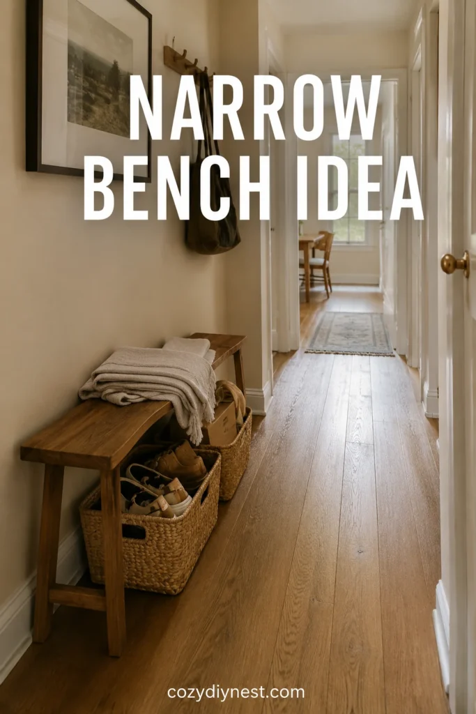 small hallway storage ideas using a narrow bench with baskets underneath while keeping the walkway open
