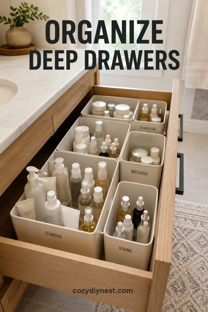 deep bathroom drawer organization for taller skincare and bottles