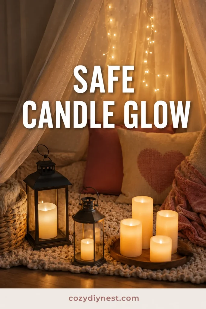 valentine fort ideas using battery LED candles for a safe romantic glow around sheer curtains