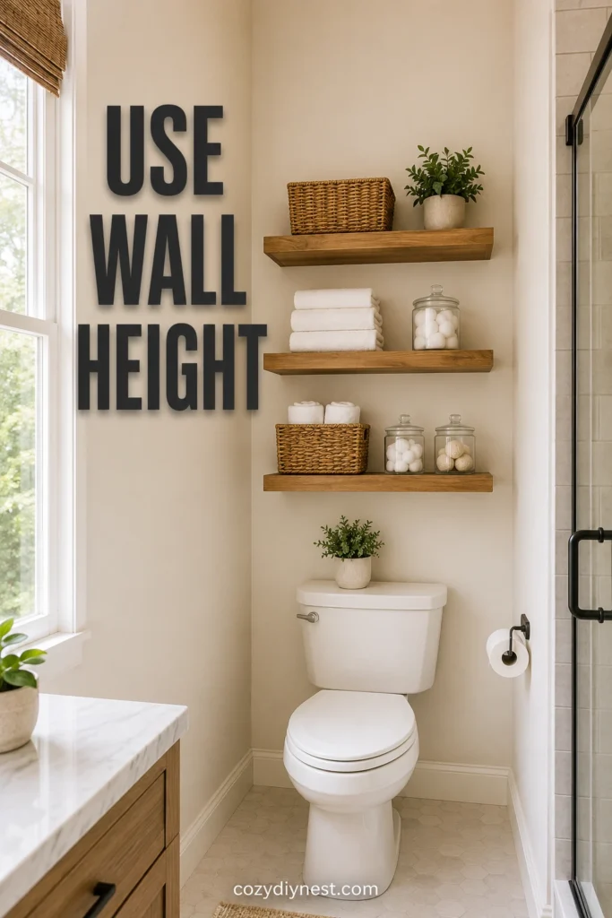three shelves above toilet using wall height with baskets towels and jars