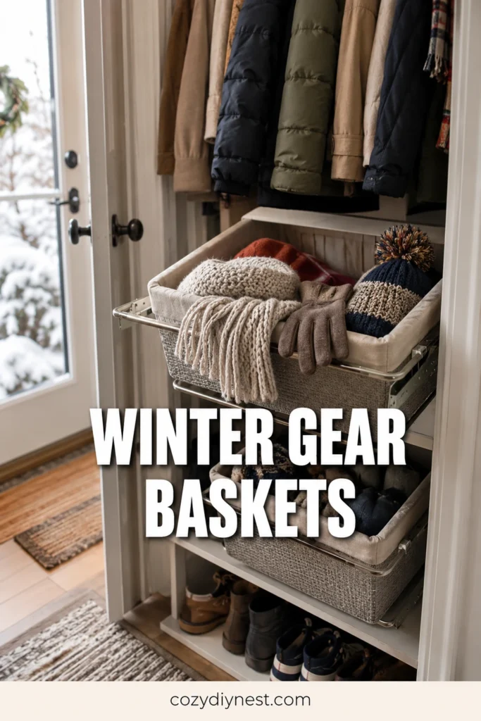 coat closet organization ideas using baskets for winter gear hats gloves and scarves