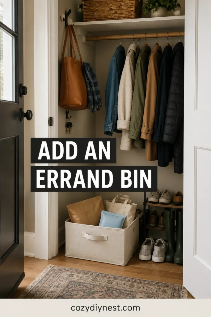 coat closet organization ideas adding an errand bin for returns packages and outgoing items