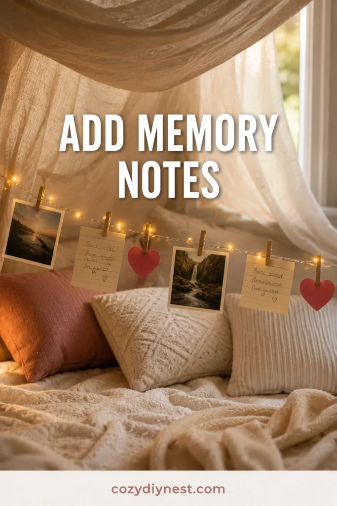 valentine fort ideas with a small memory line of photos and love notes under fairy lights