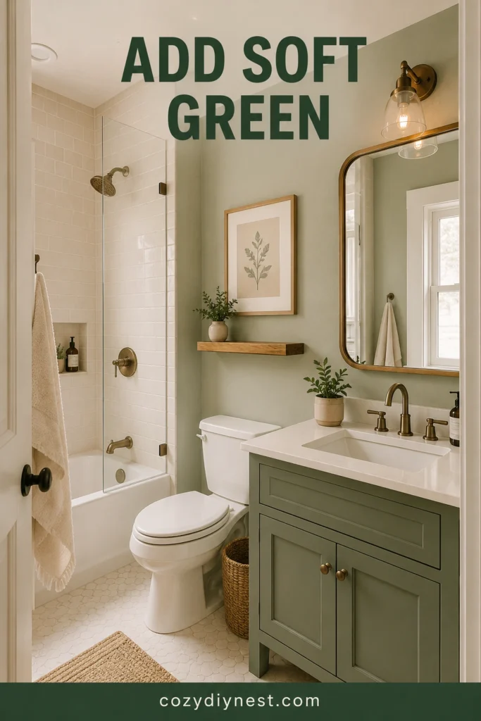 tiny bathroom ideas with soft green accent and warm wood