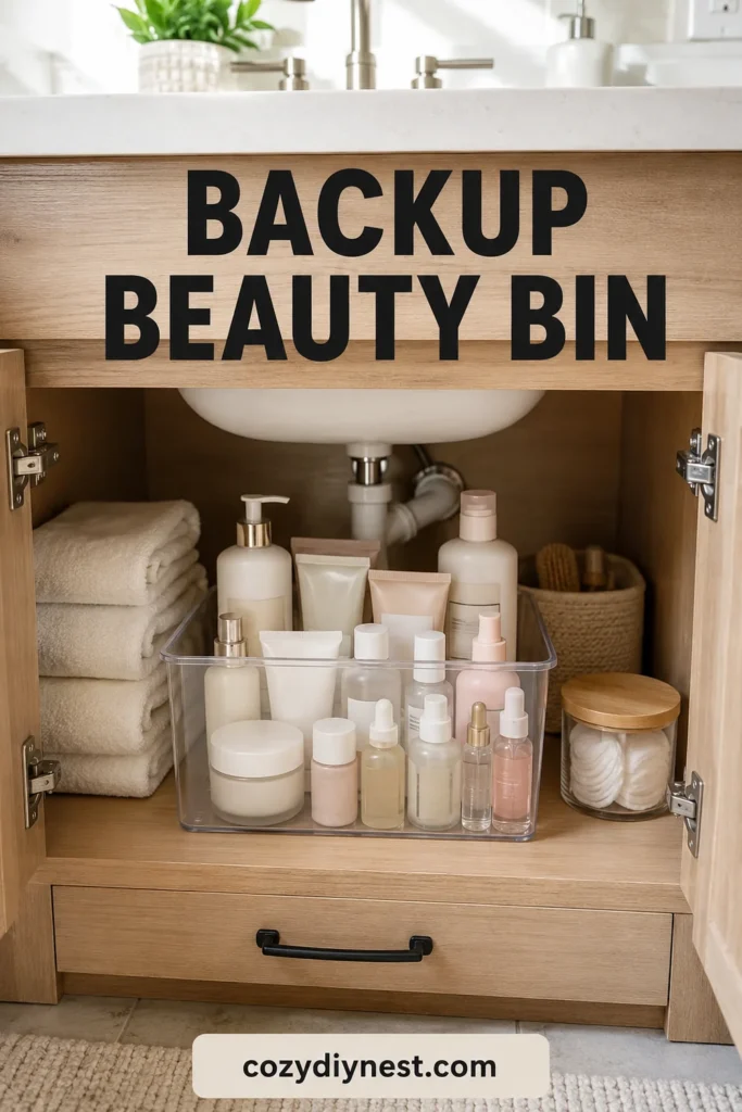 bathroom organization under sink with skincare and beauty backups organized in clear containers