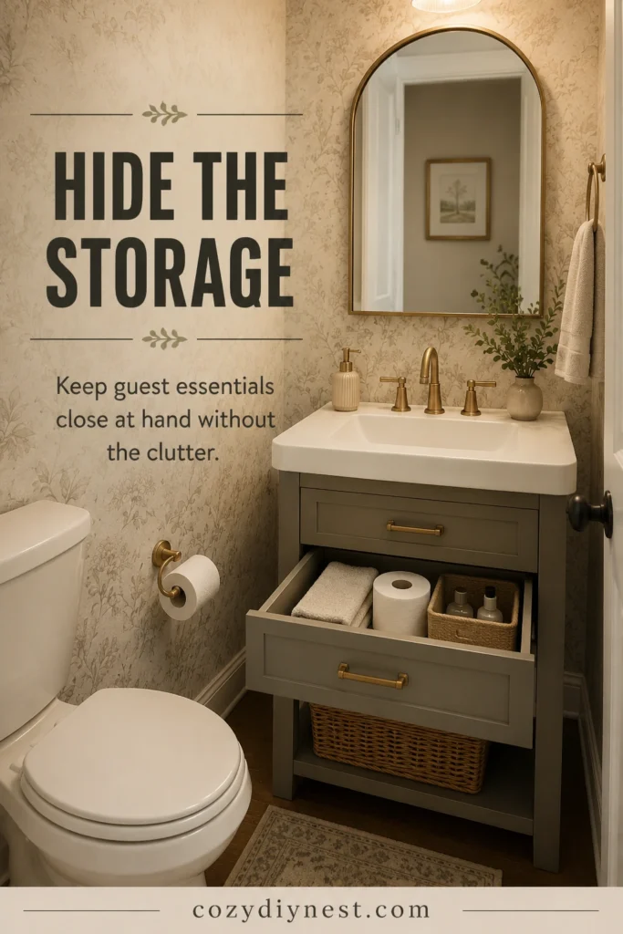 small half bathroom ideas with small vanity and hidden storage