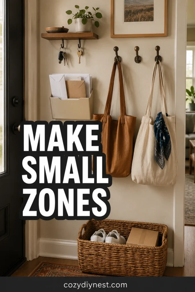 entryway wall storage ideas creating wall zones for keys mail bags and shoes in a small entryway