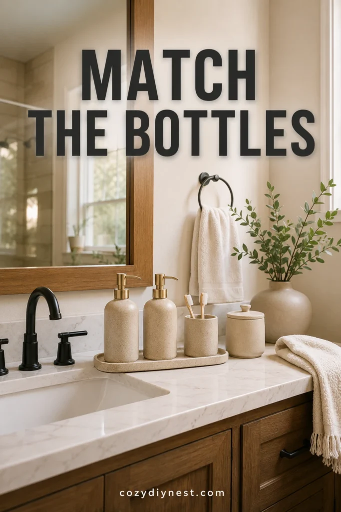 bathroom vanity organization with matching bottles and dispensers