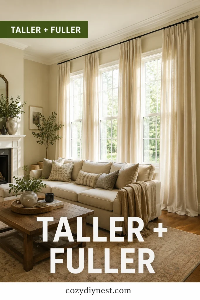 curtain hanging mistakes showing taller fuller curtains making a living room feel more finished