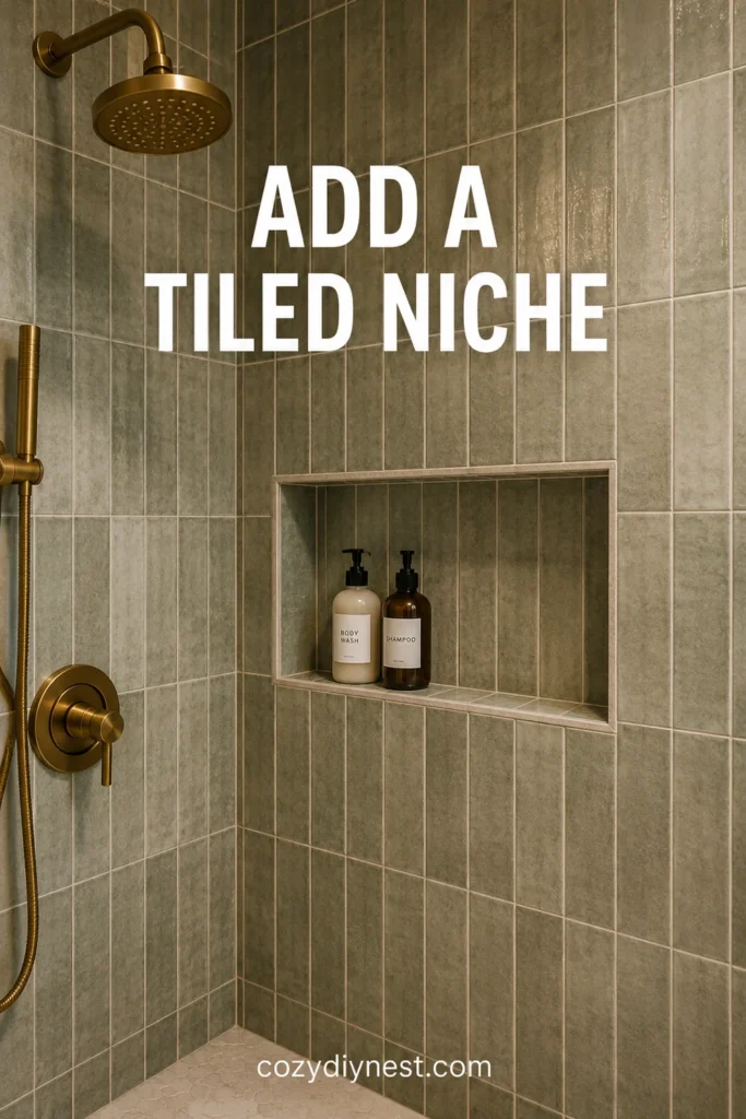 bathroom shower tile ideas with a tiled niche and simple storage