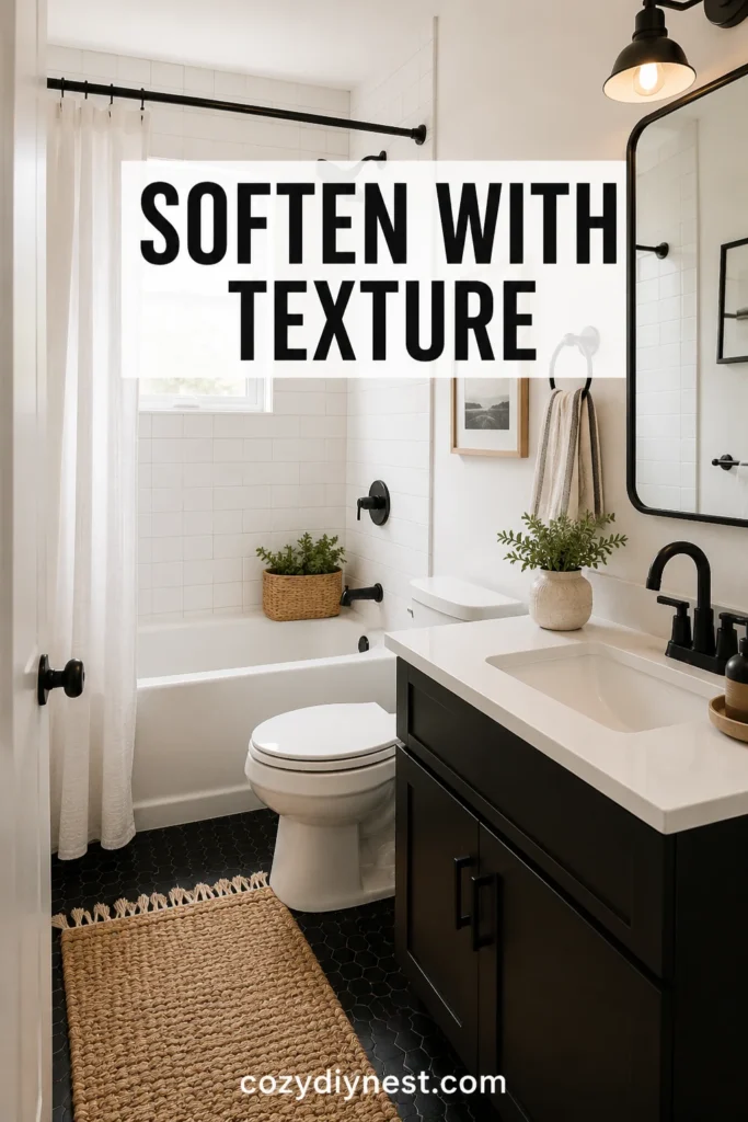 black and white bathroom decor ideas with woven rug and warm texture