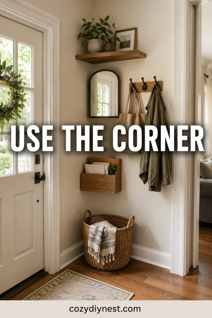 entryway wall storage ideas using an unused corner for shelf pegs mirror and mail storage