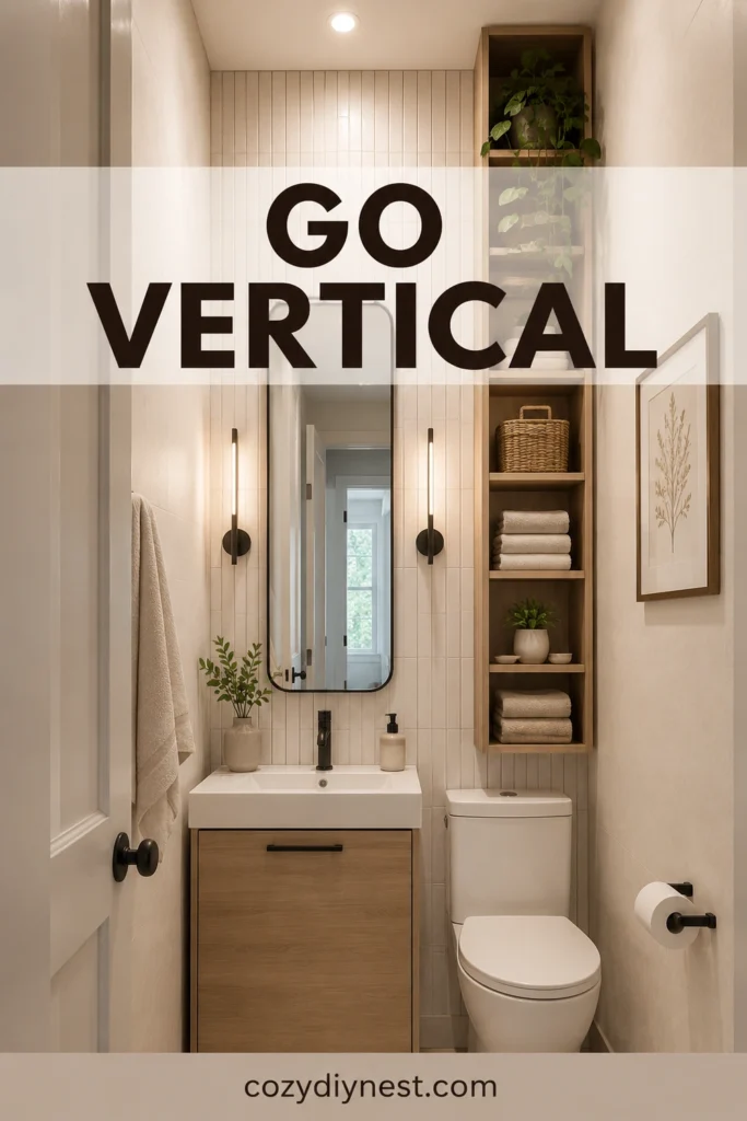 tiny bathroom ideas with vertical tile and tall storage