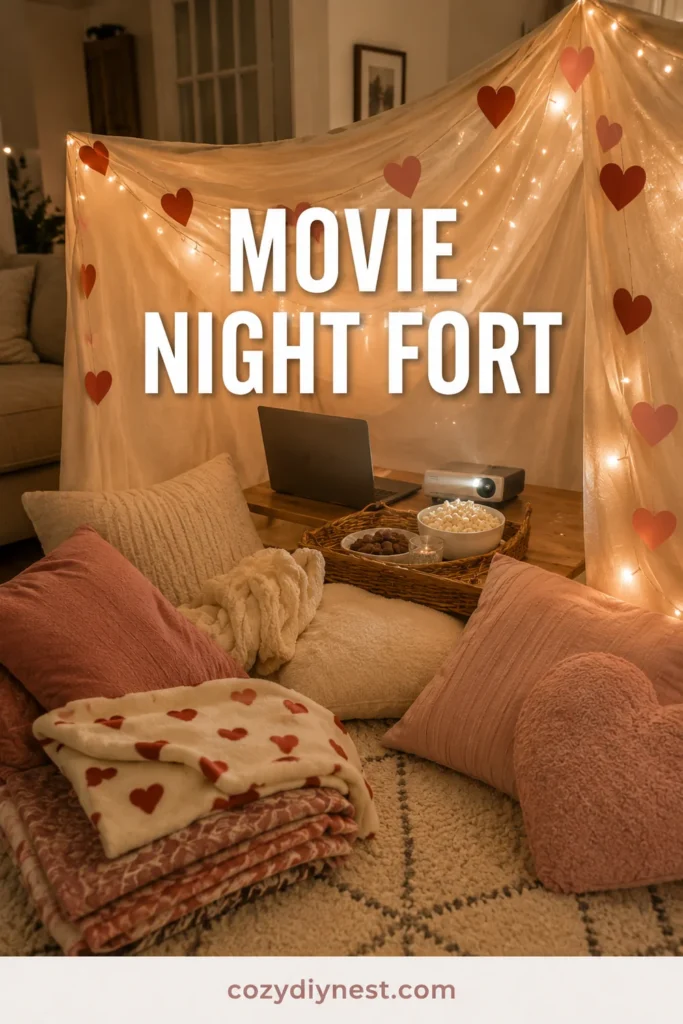 valentine fort ideas with a cozy movie night setup inside a fairy light living room fort
