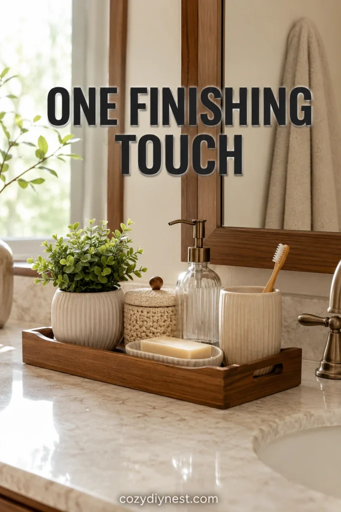bathroom counter organization with one decorative accent on a tray