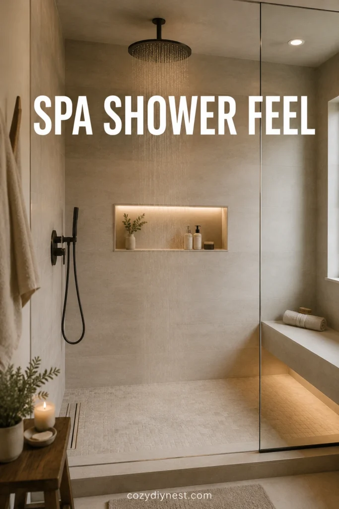 bathroom walk in shower ideas with rain shower head and light tile