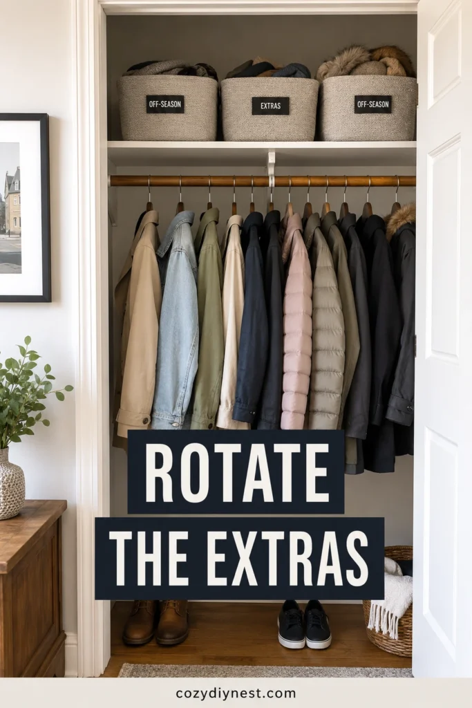 coat closet organization ideas rotating seasonal coats and extras out of the entry closet