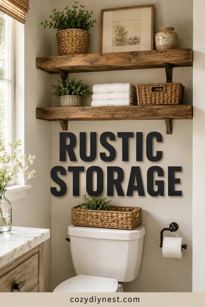 rustic shelves above toilet with baskets folded towels and cozy bathroom decor