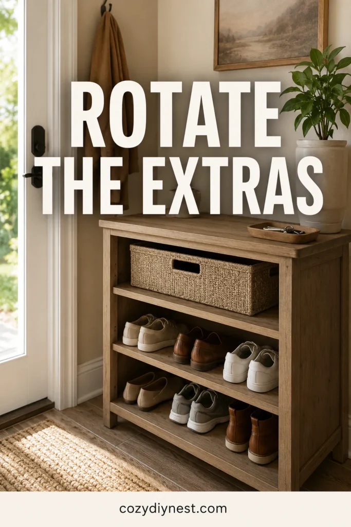 entryway shoe storage ideas showing seasonal shoe rotation so only daily shoes stay by the door