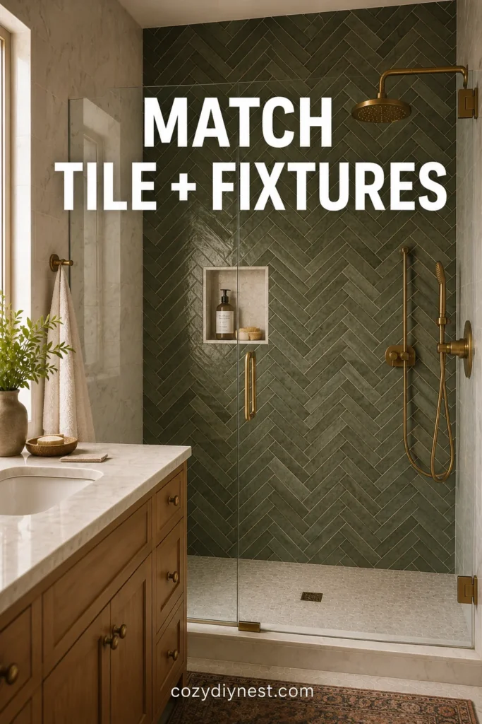 bathroom tile ideas with shower tile and brass or black fixtures