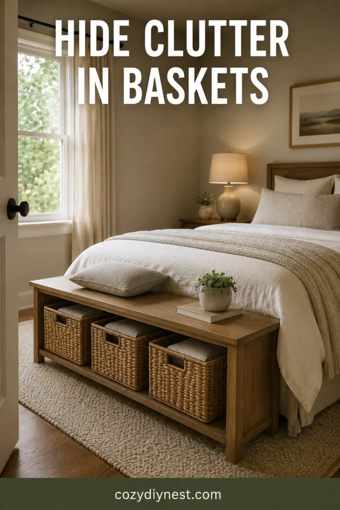 small bedroom storage ideas with woven baskets under a bench or shelf
