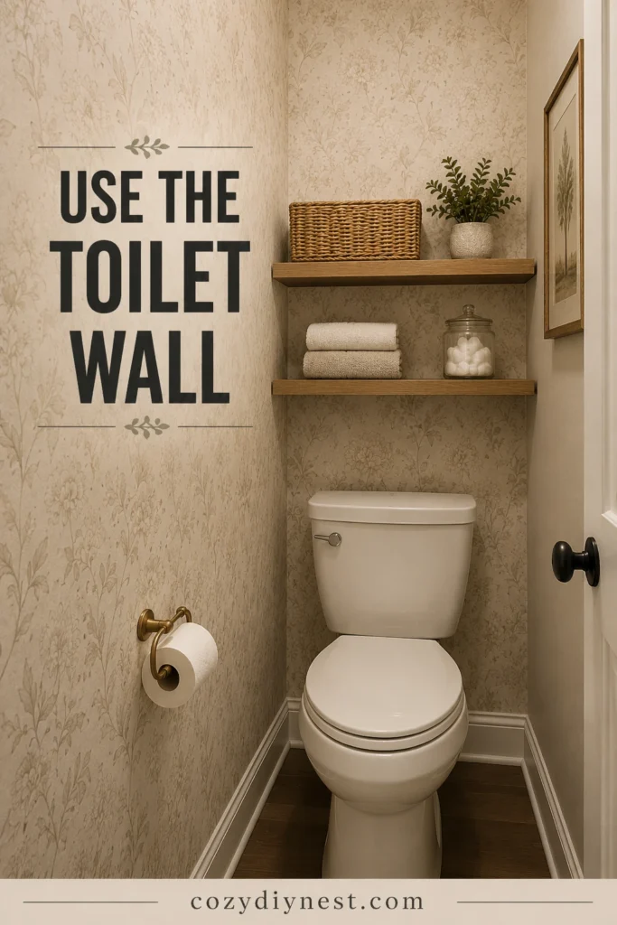 small half bathroom ideas with shelves above toilet
