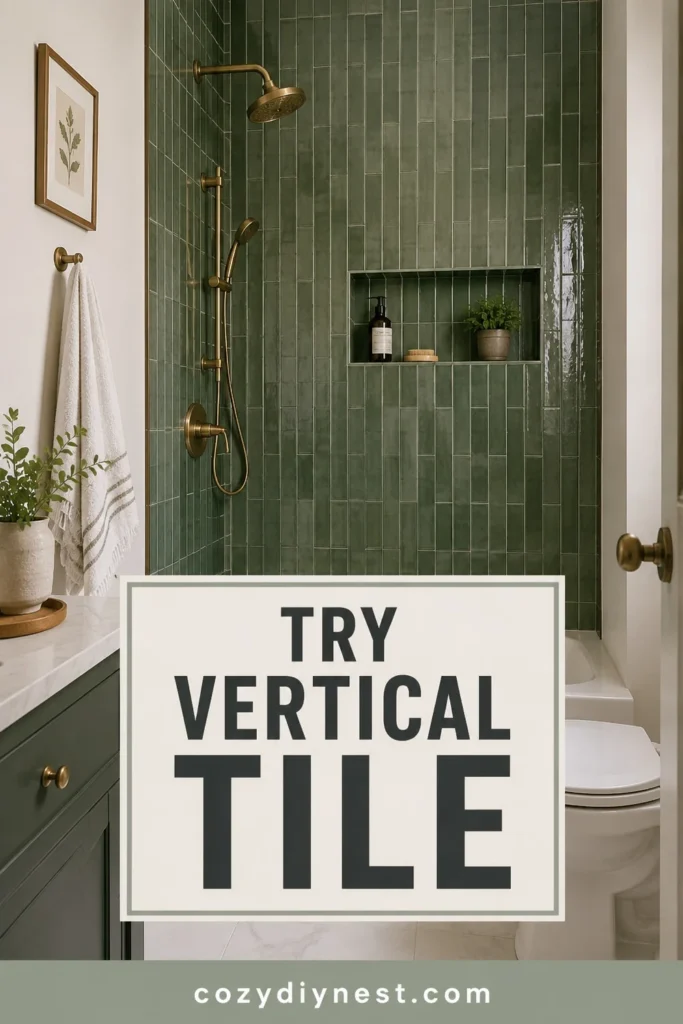 green bathroom ideas with forest green vertical subway tile