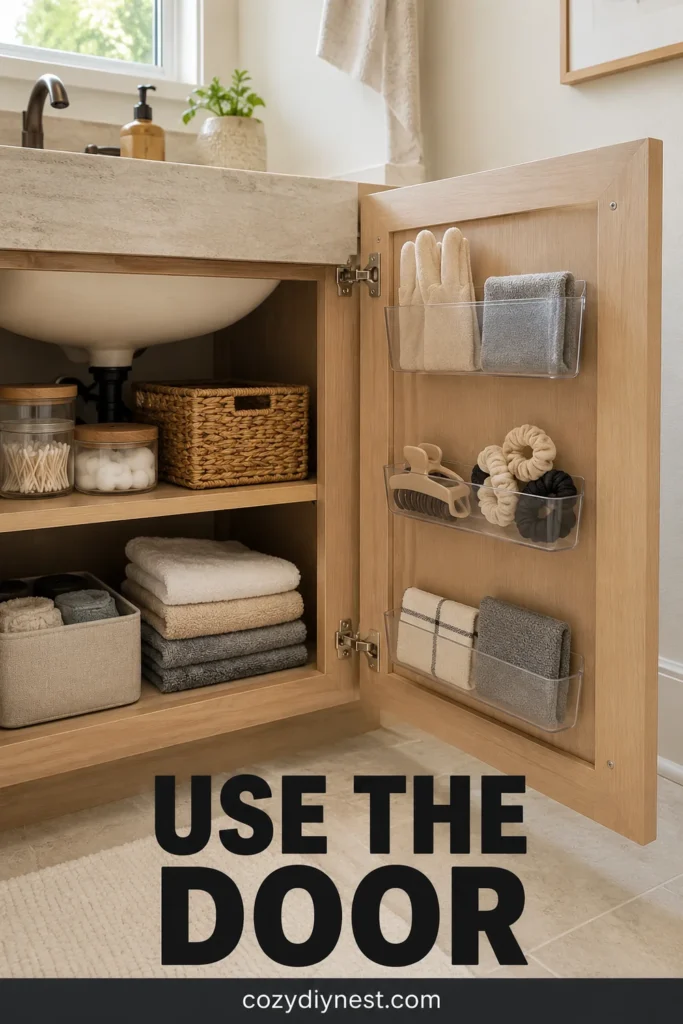 bathroom organization under sink using cabinet door storage for lightweight items