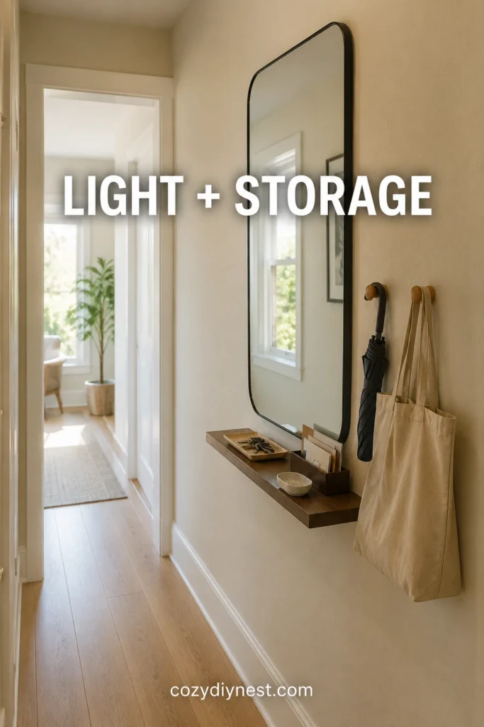 small hallway storage ideas pairing a mirror with slim shelf key tray and wall hooks