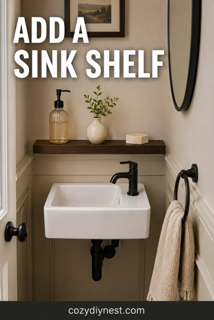 small half bathroom ideas with narrow shelf above sink