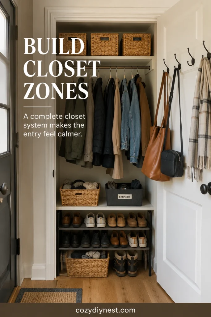 coat closet organization ideas showing a complete entry closet system with hangers bins hooks shoes bags and errands