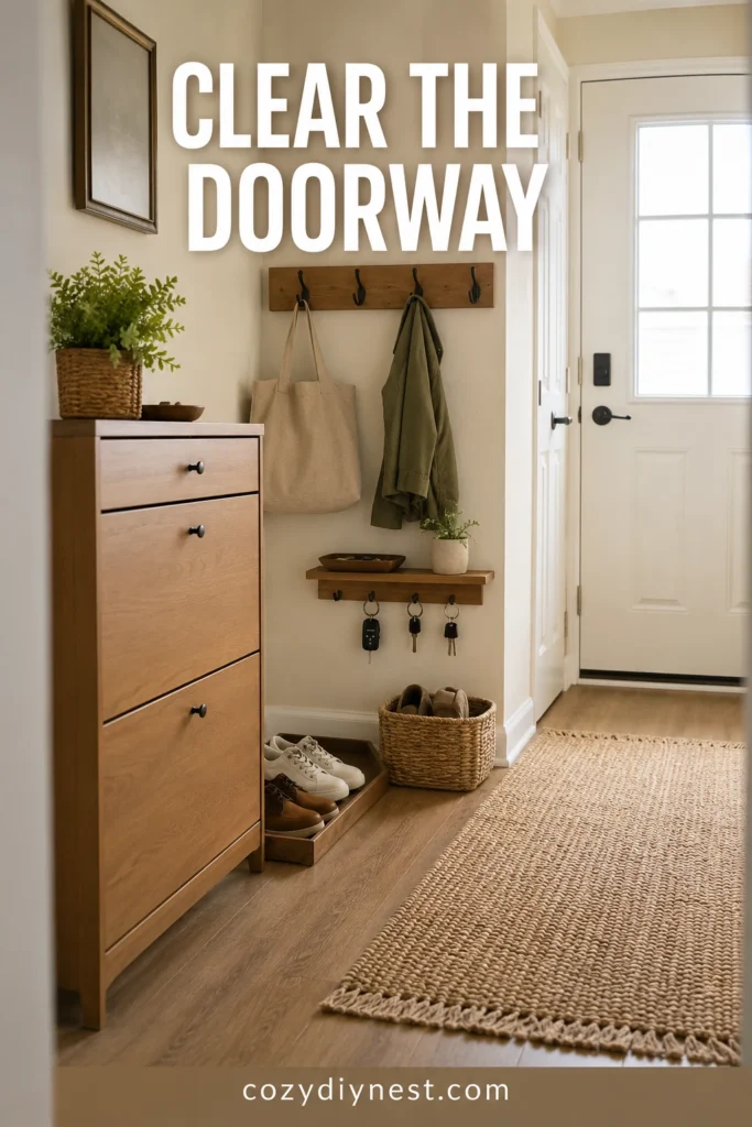 entryway shoe storage ideas showing a complete small front entryway shoe system with cabinet tray hooks and baskets