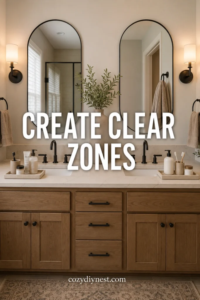 shared bathroom counter organization with separate vanity zones