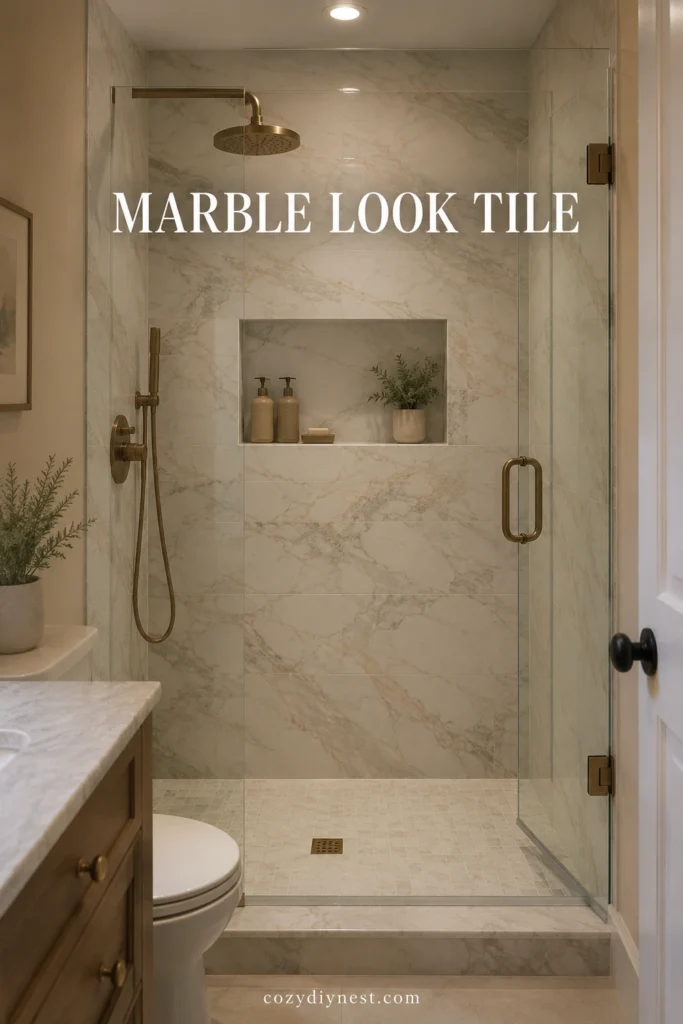walk in shower ideas with marble look tile and clear glass