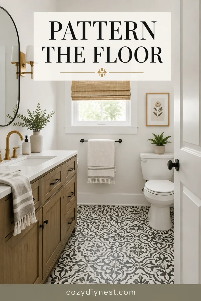 bathroom floor tile ideas with patterned tile and simple walls