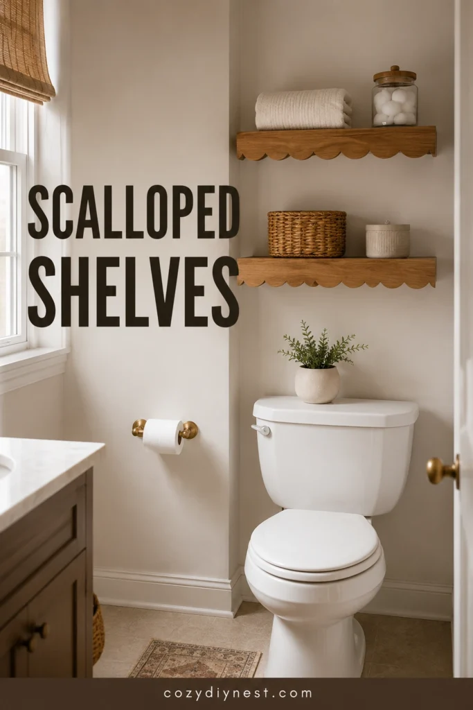 scalloped wooden shelves above toilet in a small bathroom