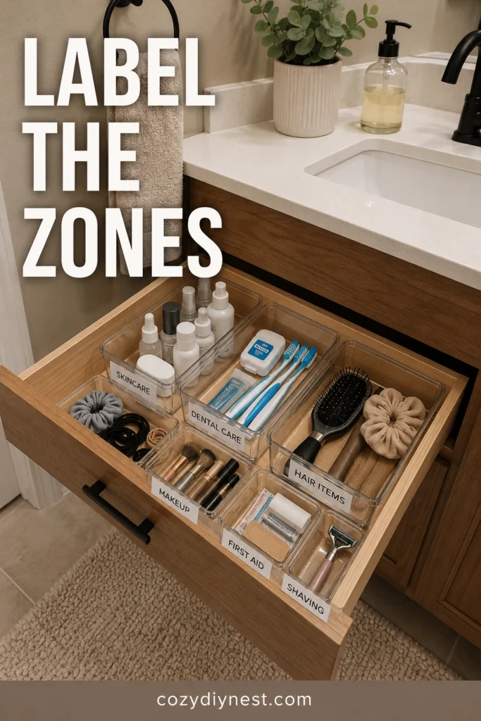 shared bathroom drawer organization with labeled categories