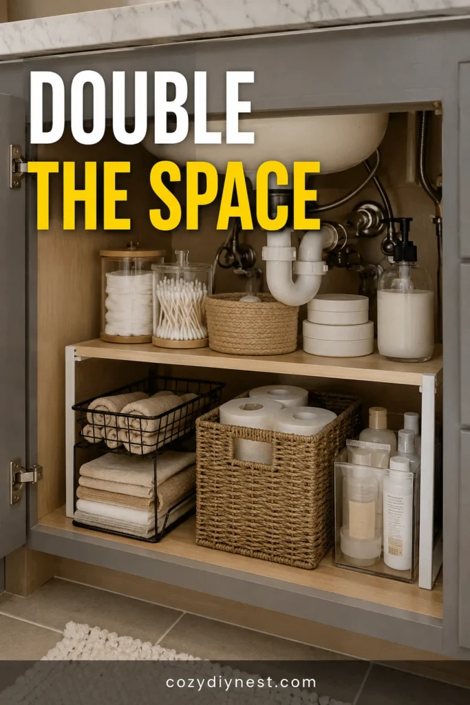 under the sink organization bathroom with a shelf riser creating a second storage level