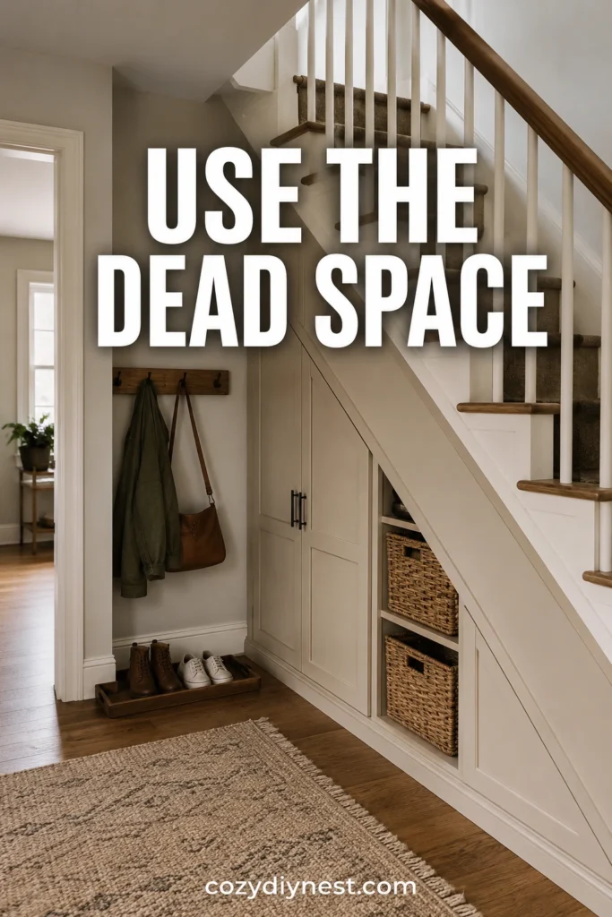 small hallway storage ideas using under stairs dead space for baskets cabinets and hooks
