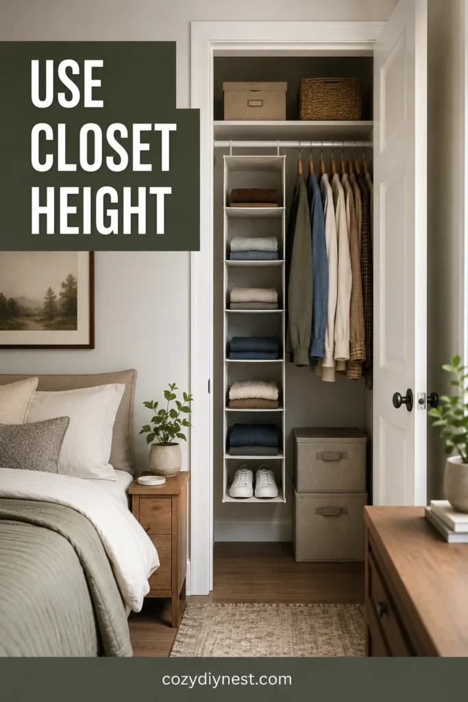small bedroom storage ideas with vertical closet shelves and organized bins