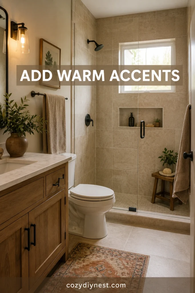 walk in shower ideas with warm accents and neutral tile