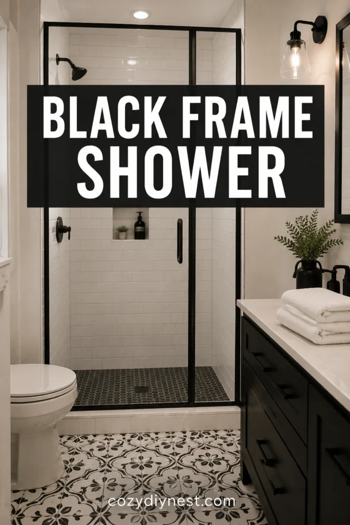 black and white bathroom ideas with black framed glass shower door