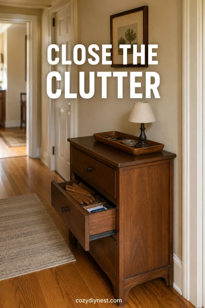 small hallway storage ideas using a shallow closed cabinet to hide daily clutter